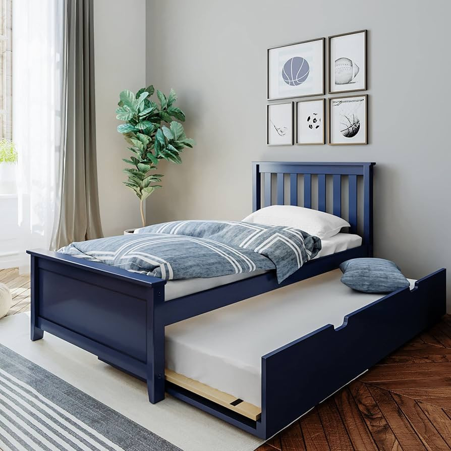 Max & Lily Twin Bed, Wood Bed Frame with Headboard For Kids with Trundle, Slatted, Blue | Amazon (US)