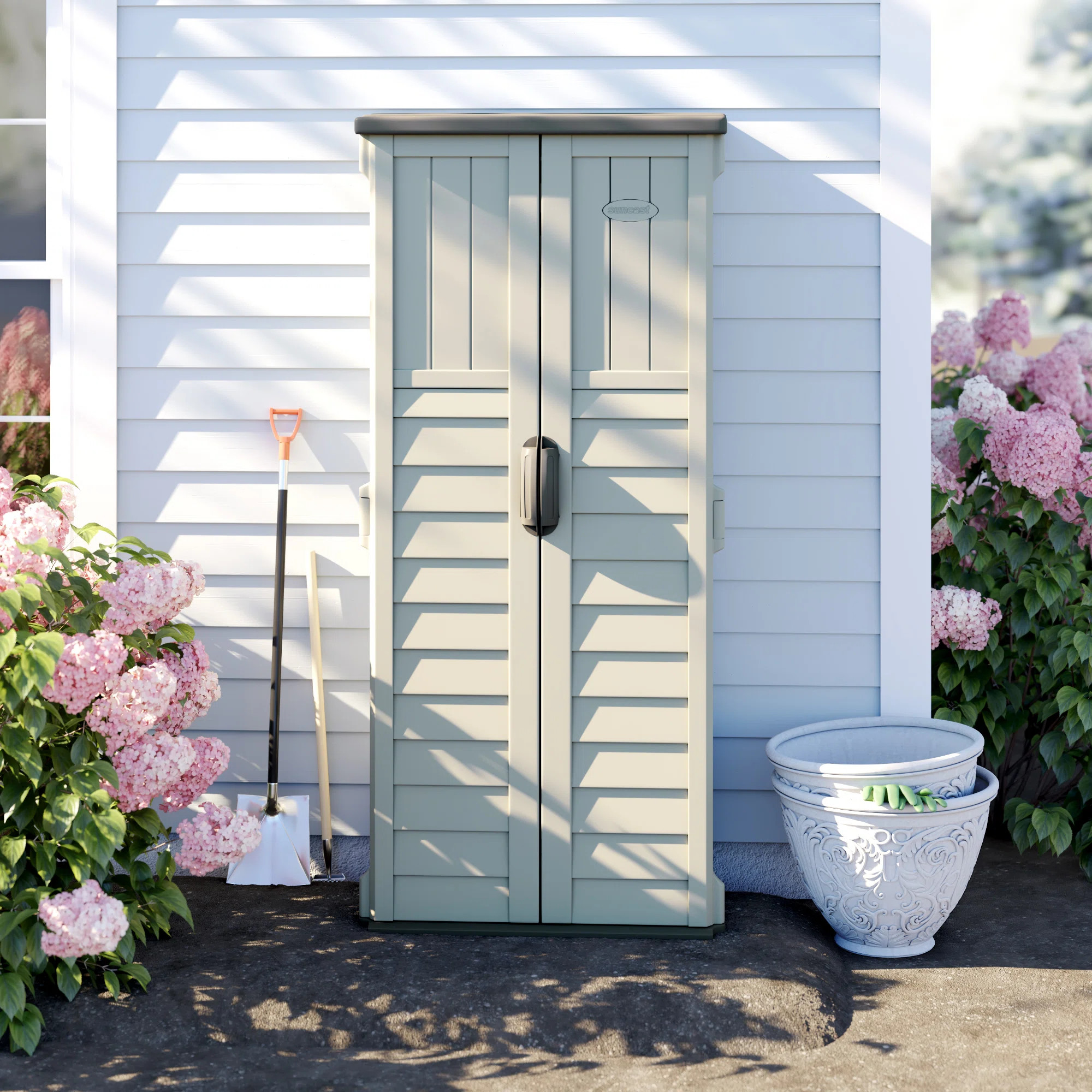 Suncast Outdoor 32.25 in. W x 24.75 in. D x 72 in. H Resin Vertical Tool Shed | Wayfair North America