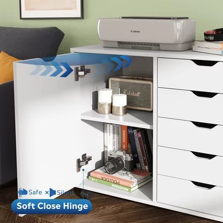 KUNEREN 5-Drawer Wood Dresser Chest with Door Mobile Storage Cabinet Printer Stand for Home Office | Walmart (US)