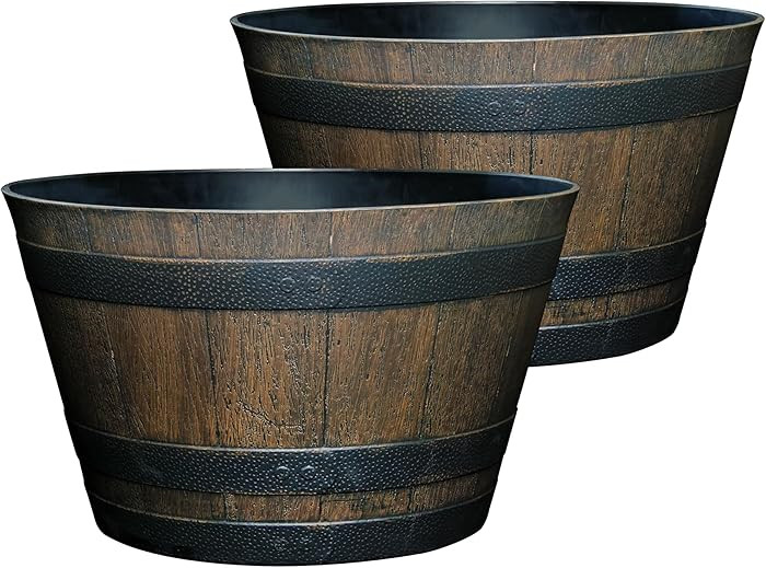 Classic Home and Garden Outdoor Whiskey Resin Flower Pot Barrel Planter, Walnut Brown, 20.5" (2 P... | Amazon (US)