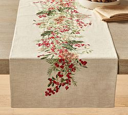 Holly Berry Embroidered Cotton/Linen Table Runner | Pottery Barn (US)