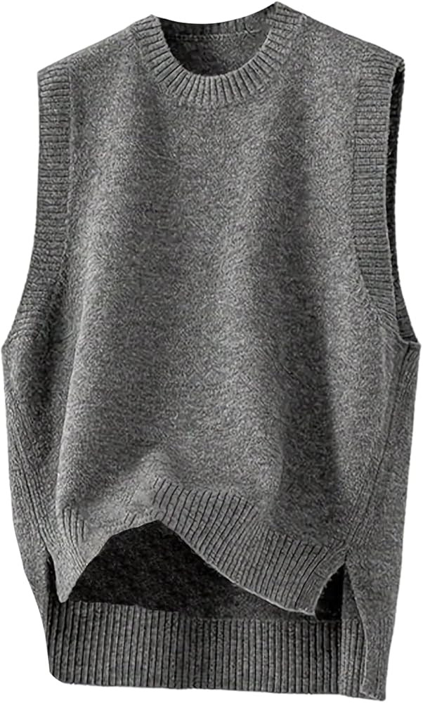 OYOANGLE Women's Split Hem Crew Neck Basic Sweater Vest Sleeveless Pullover Sweater Tank Tops | Amazon (US)
