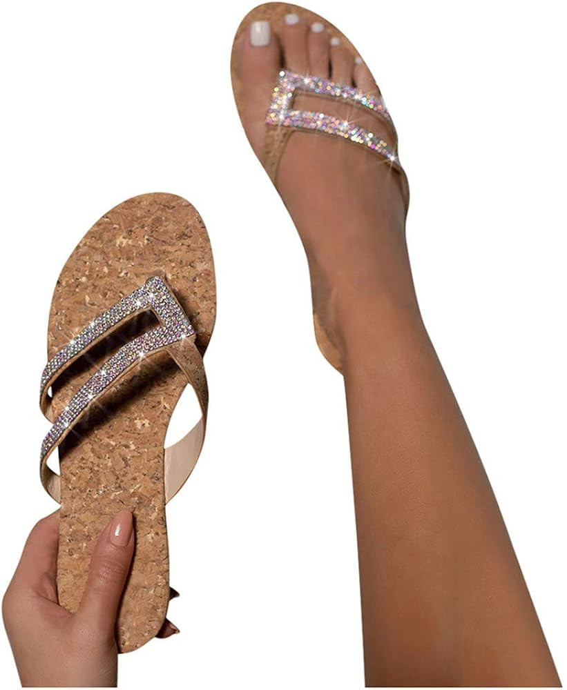 Sandals for Women Flat,Womens Glitter Bling Fancy T Strap Slide Flat Low Wedge Sparkle Sandals Sh... | Amazon (US)