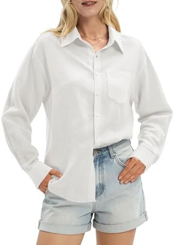 Women's Linen Shirts Casual Button Down Linen Tops for Women Long Sleeve Loose Fit for Summer Bea... | Amazon (US)