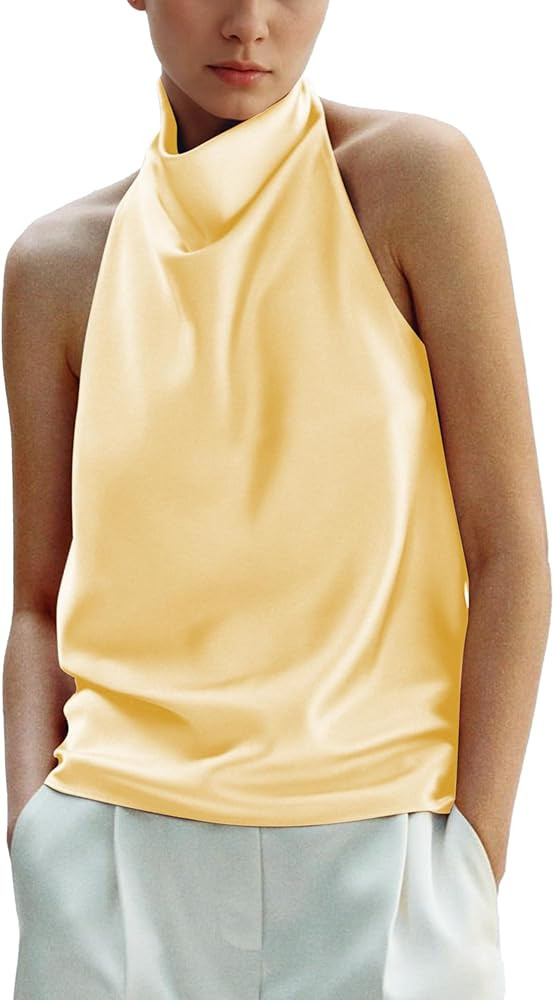 Women's Silk Satin Tank Tops Halter Draped Front Sexy Backless Womens Summer Tops Elegant Camisol... | Amazon (US)