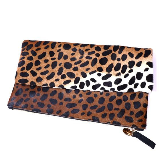 CLARE V. Foldover Calf Hair Clutch Leopard Print Linen Lined Gold Top Zip | Poshmark