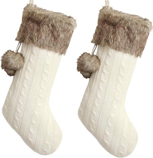 Gireshome Set of Two Ivory Cable Knitted Body, Faux Fur Cuff with Faux Fur Fluffy Pompom Ball Chr... | Amazon (US)