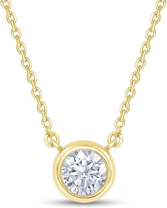 18K Gold Plated Bezel-Set Solitaire Necklace for Women, 6.5MM Moissanite Diamond Choker Pendant N... | Amazon (US)