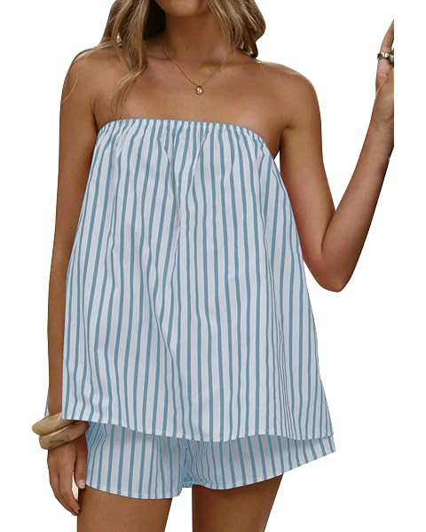 Women 2 Piece Matching Sets Striped Tube Top Shorts Sets Summer Vacation Outfits Y2K Going Out To... | Amazon (US)