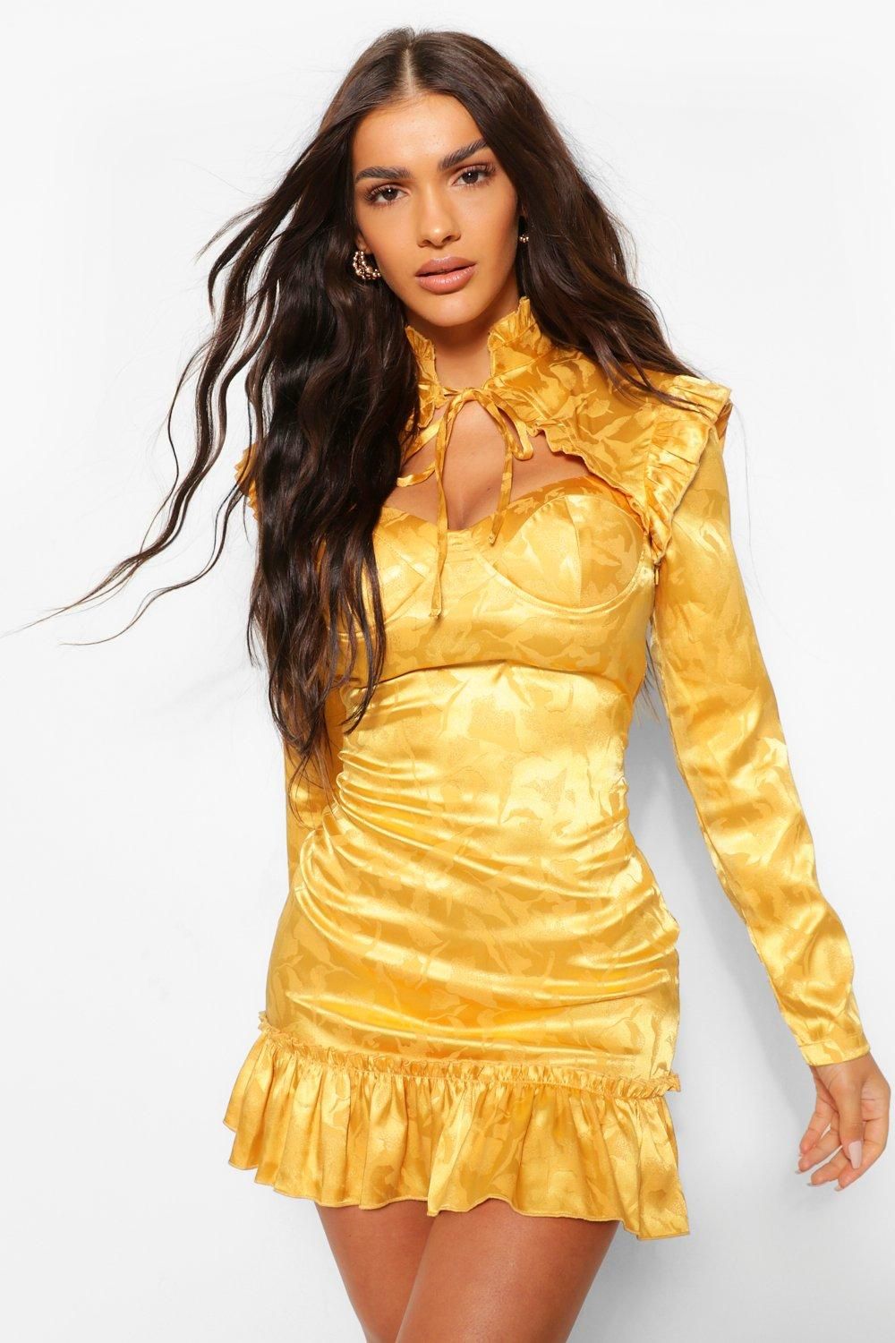Womens Satin Jacquard Cupped Frill Hem Dress - Yellow - 8 | Boohoo.com (US & CA)