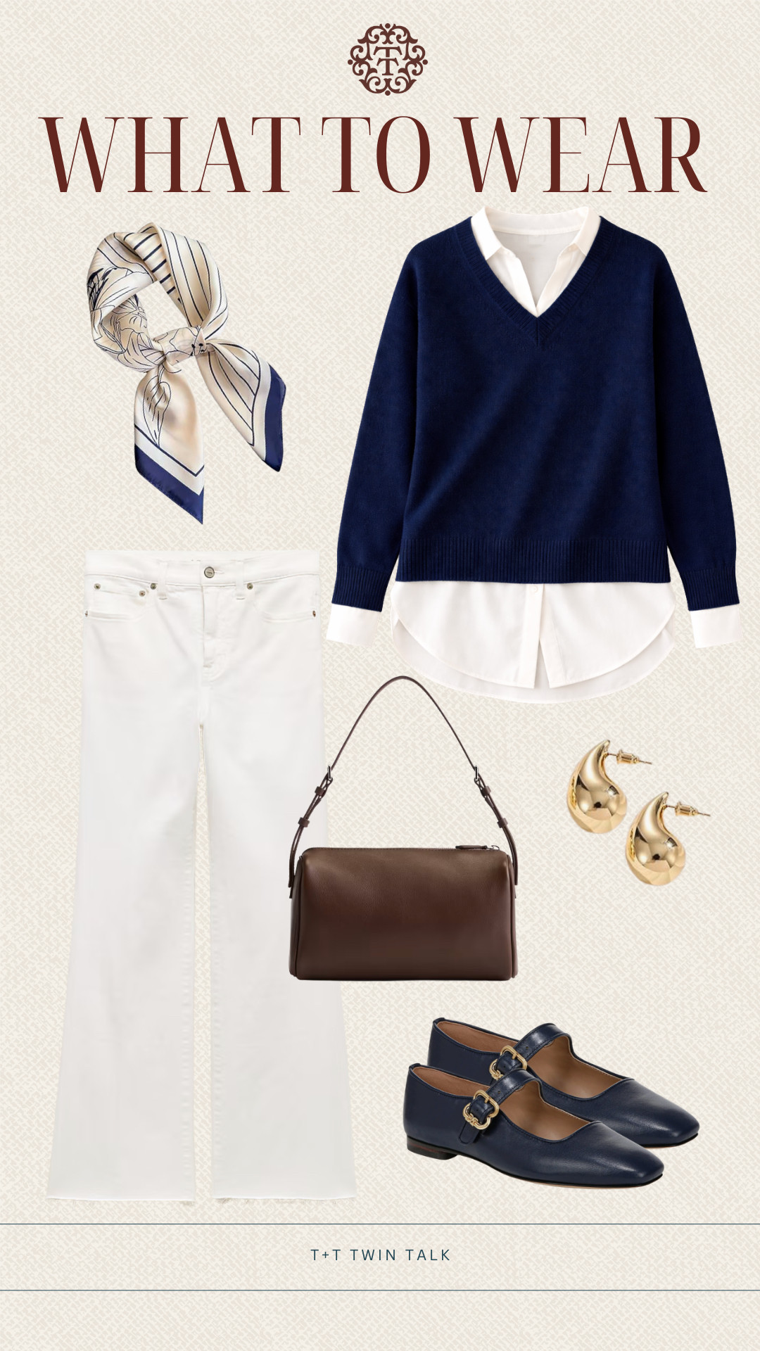 T+T, what to wear! We paired this navy layered top from Quince with our go to J crew wide leg pants to help keep a traditional look! Paired with a classic scarf and earrings from amazon to keep it simple. 

 #LTKootd #LTKOver40 #LTKMidsize