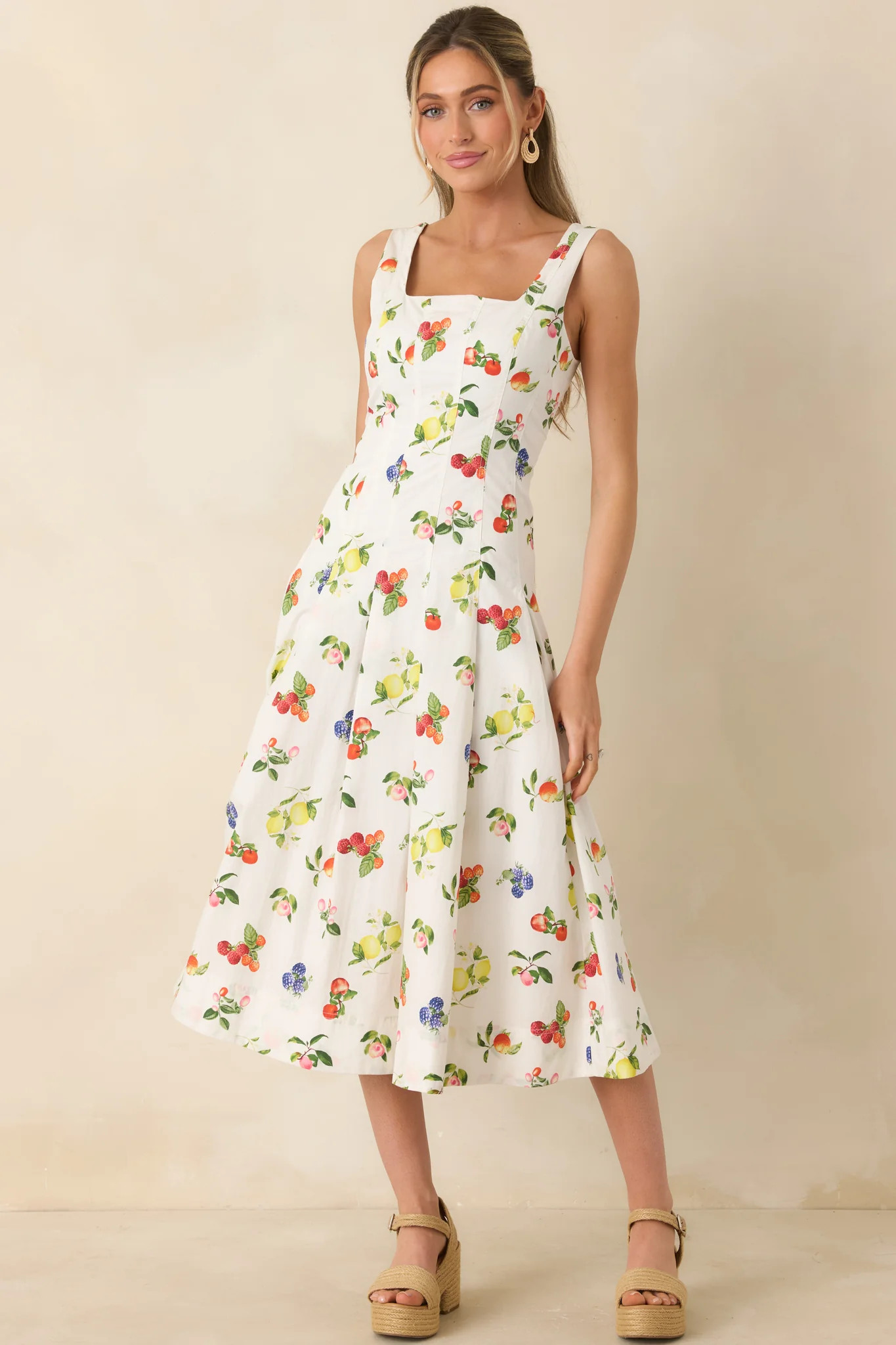 Sweet on Summer White Multi Cotton Fruit Print Midi Dress | Red Dress