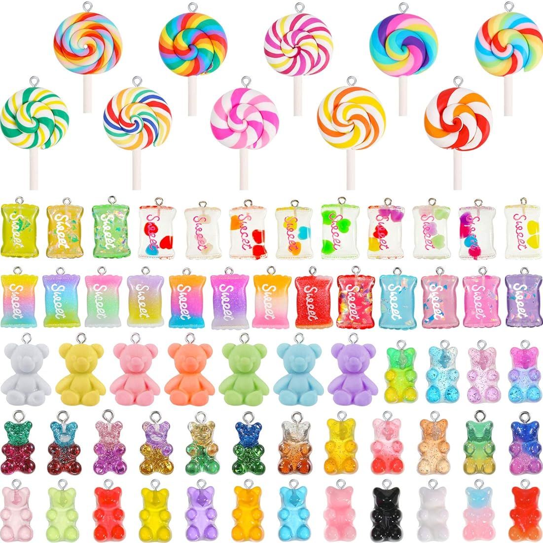 Hicarer 70 Pieces Colorful Candy Pendant Charm for Jewelry Making Cute Gummy Candy Bear Lollipops... | Amazon (US)
