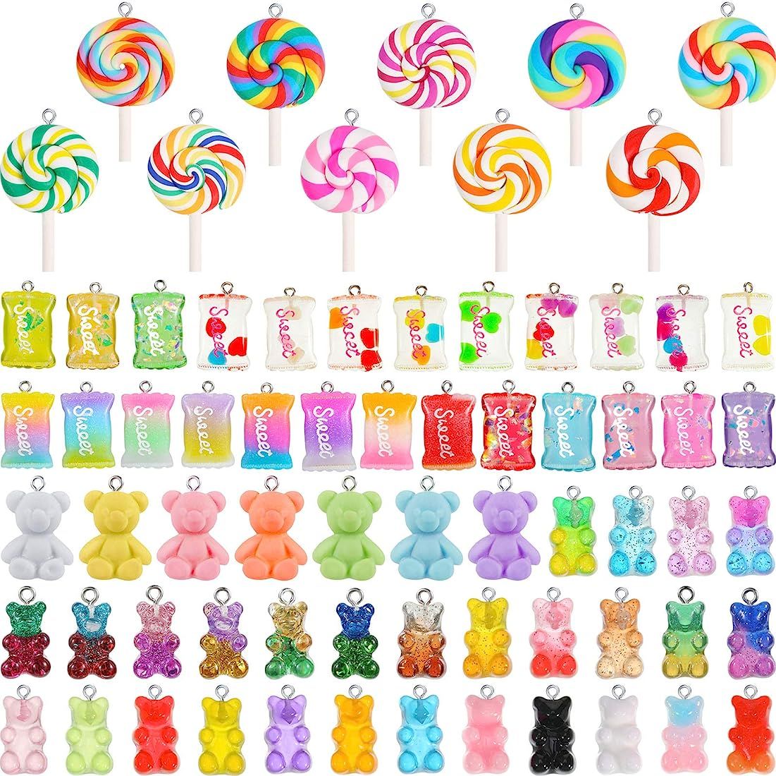 Hicarer 70 Pieces Colorful Candy Pendant Charm for Jewelry Making Cute Gummy Candy Bear Lollipops... | Amazon (US)