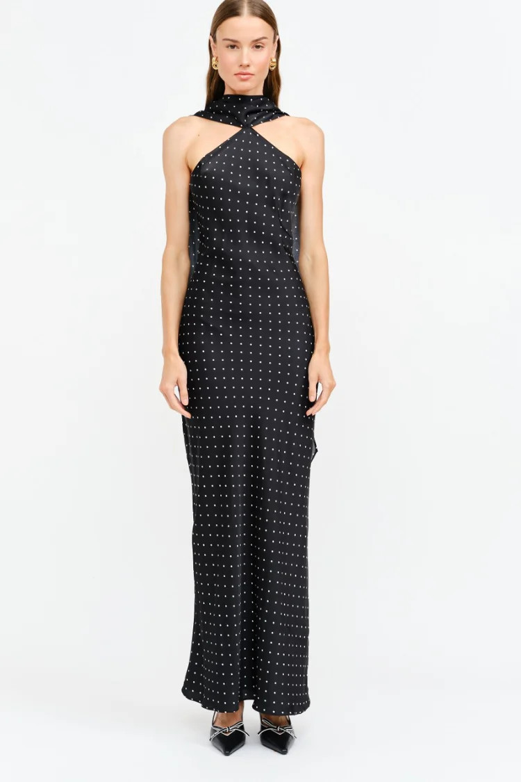 Magdalena Polka Dot Maxi Dress with Neck Scarf | Confête