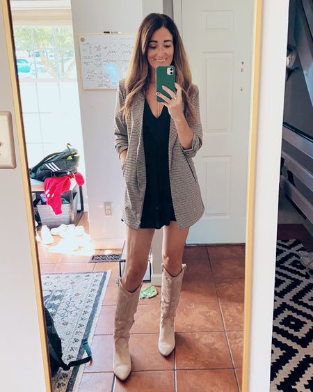 Boots and blazers! Obsessed with the long blazers, paired with a romper or mini skirt and tall cowboy boots. Fall style, fall outfit 

#LTKstyletip #LTKfindsunder50 #LTKsalealert