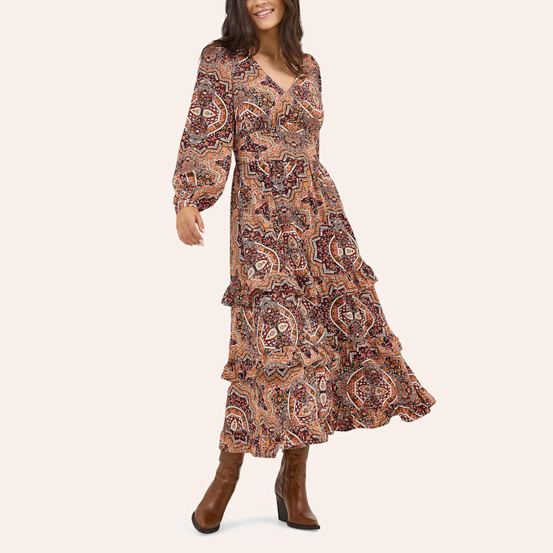 Wrangler Retro Women's Red Geo Print Tiered Maxi Dress | Cavender's