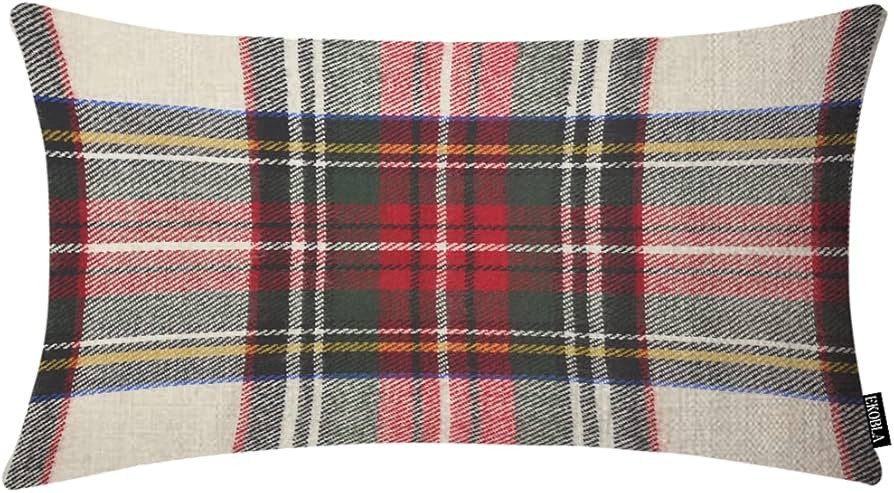 EKOBLA Plaid Lumbar Pillow Covers Scottish Tartan Red and White Pattern Symmetric Decorative Pill... | Amazon (US)