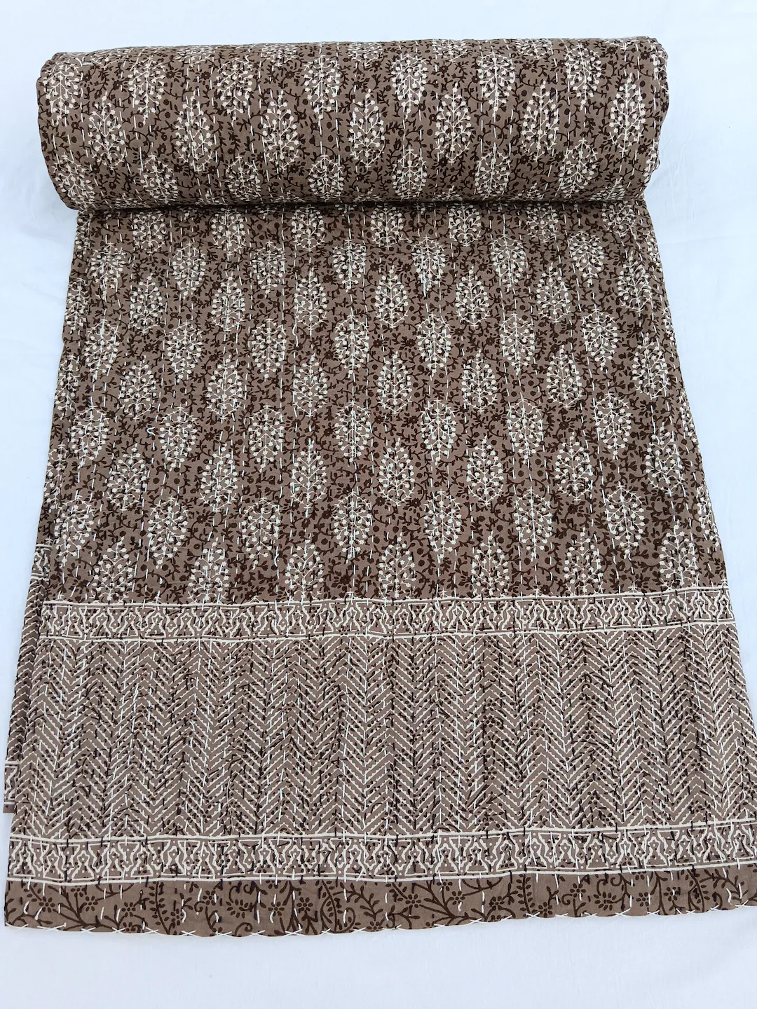 Premium Brown Hand Block Printed Quilt Handmade Kantha Quilt Indian Kantha Quilt Indian Light Wei... | Etsy (US)