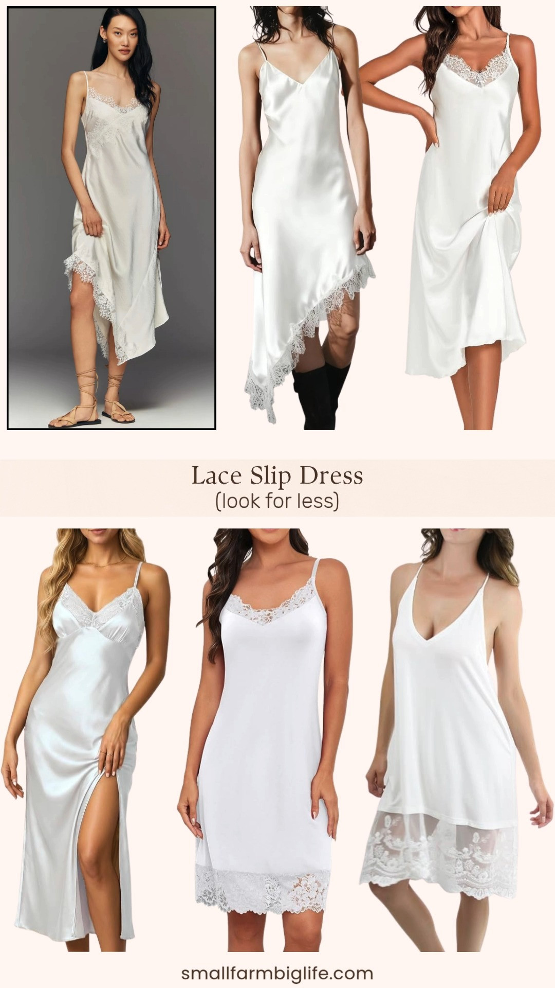 The Anthropologie Asymmetric Lace Slip Dress is such a beautiful and elevated piece but at $168 it is a significant investment. The satin and lace slip dress trend is everywhere right now and Amazon has some incredible look for less options starting at just $13. I rounded up four styles with the same silky satin fabric, lace trim details, and spaghetti strap silhouette that give you that same luxe and feminine look for a fraction of the price. These also work beautifully as actual slip dresses layered under oversized blazers or denim jackets for an elevated everyday outfit. The Anthropologie version and all four Amazon options are linked so you can decide which works best for your budget. Tap to shop! 

 #LTKgrwm #LTKootd #LTKOver40