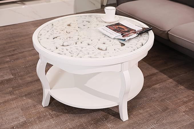 FINECASA Round Coffee Table, White Coffee Table, Cocktail Table with Glass Top, Round Wood Coffee... | Amazon (US)