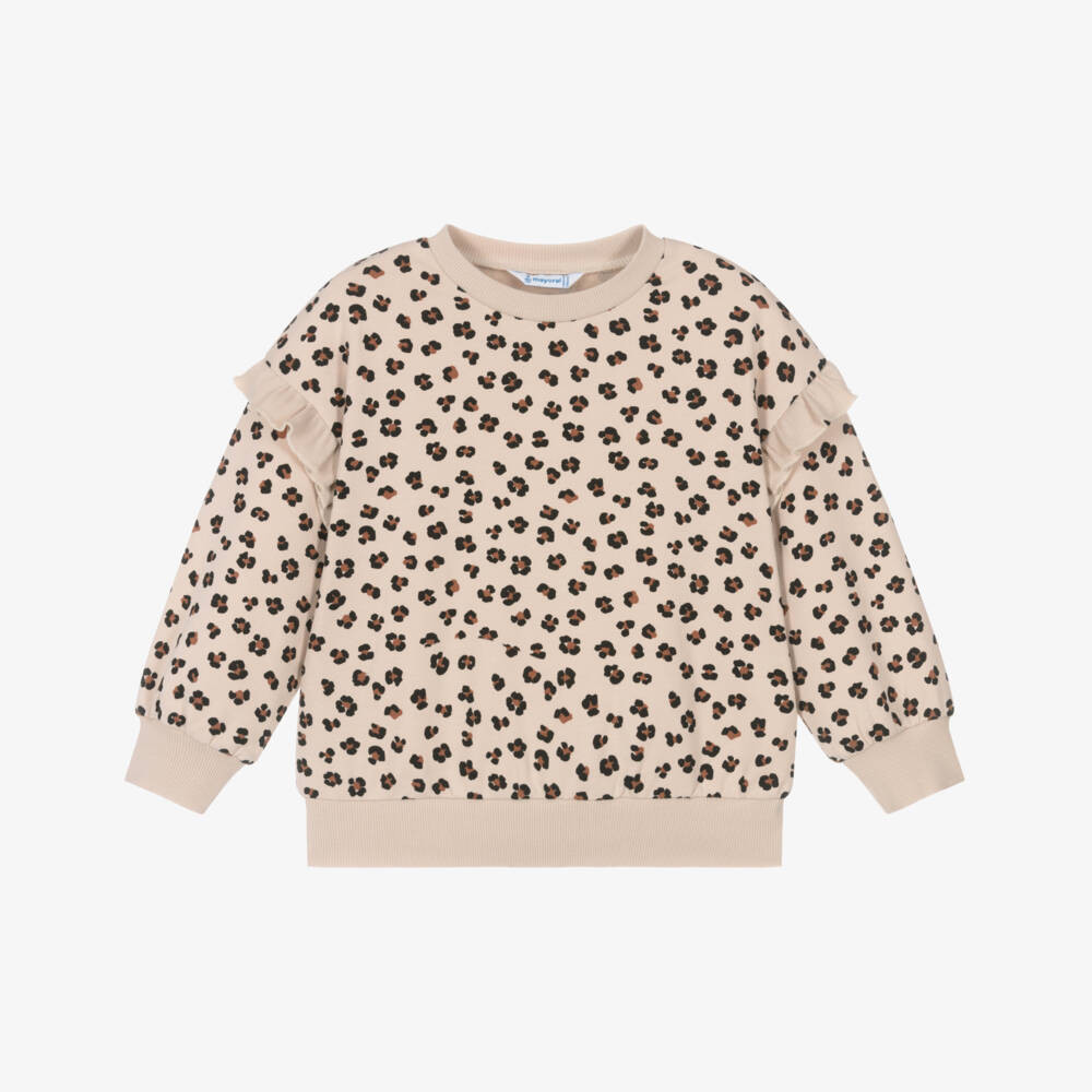 Girls Beige & Brown Leopard Print Cotton Sweatshirt | Childrensalon