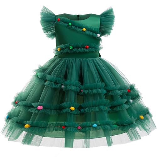 renvena Girls Christmas Tree Dress Bowknot Mesh Tulle Tutu Dress Xmas Holiday Party Princess Dresses Green 11-12 Years | Amazon (US)