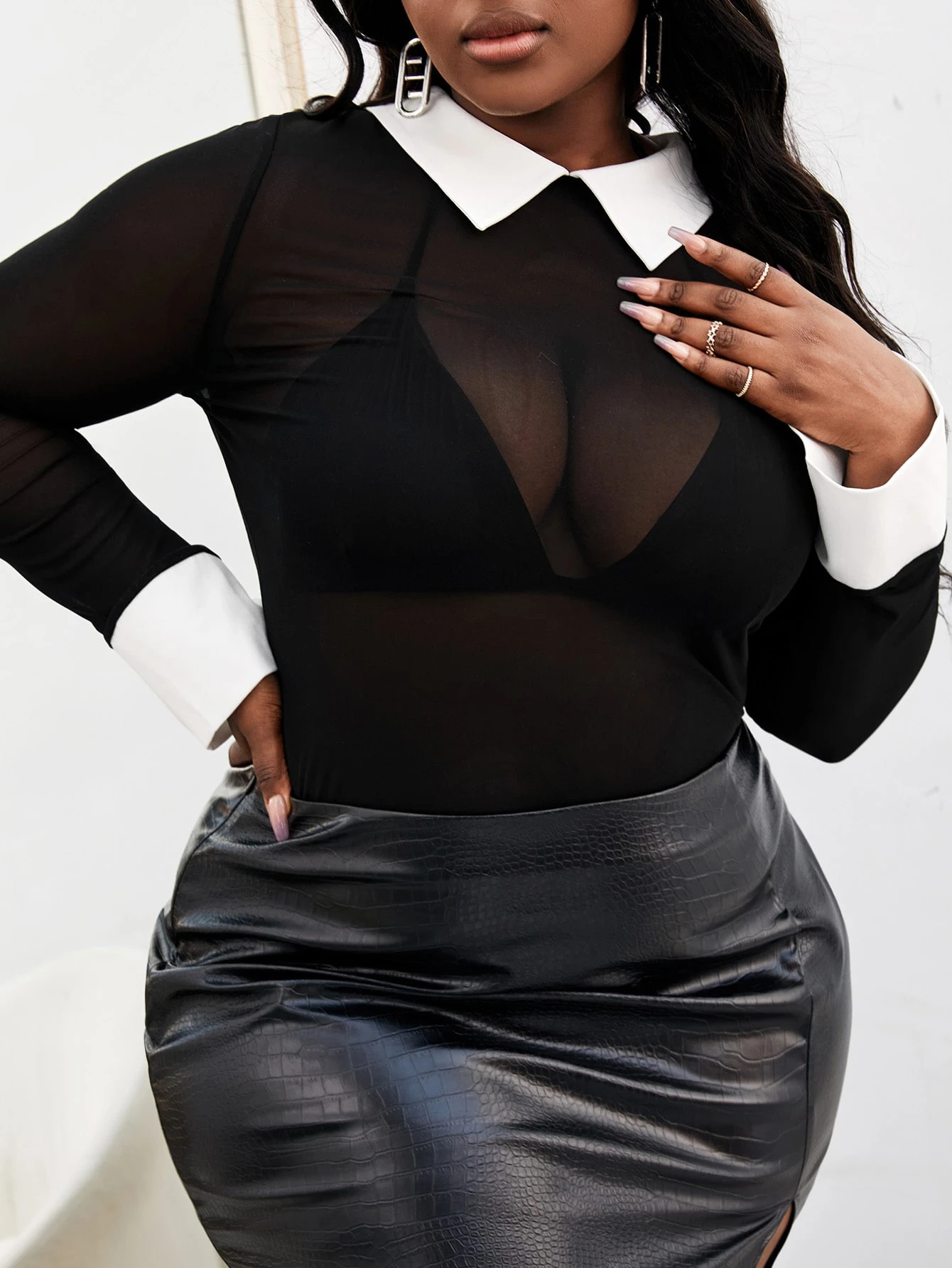 SHEIN SXY Plus Contrast Collar Mesh Top
   SKU: sf2111237002674944      
          (277 Reviews)
... | SHEIN