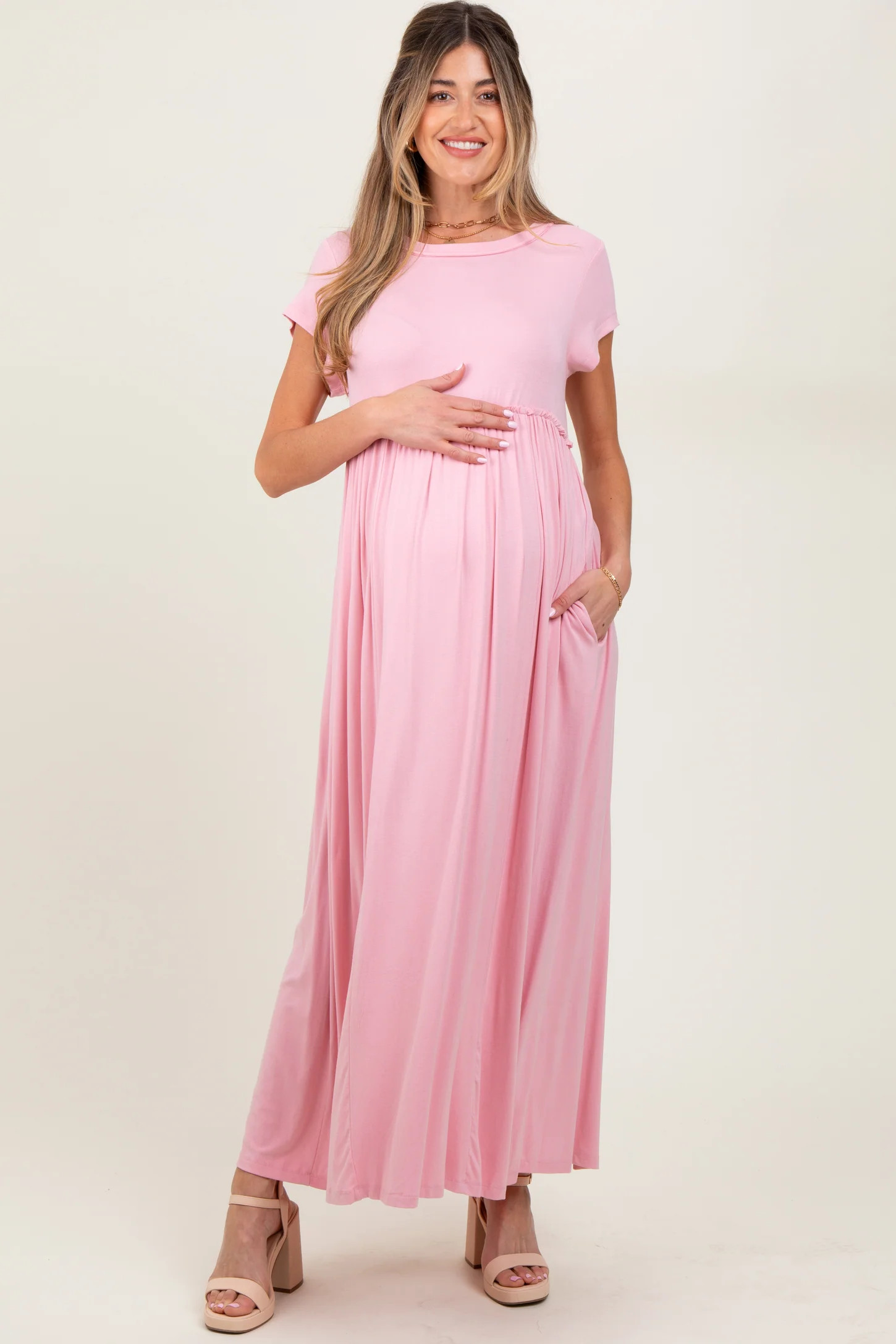 Light Pink Short Sleeve Pocketed Maternity Maxi Dress | PinkBlush Maternity