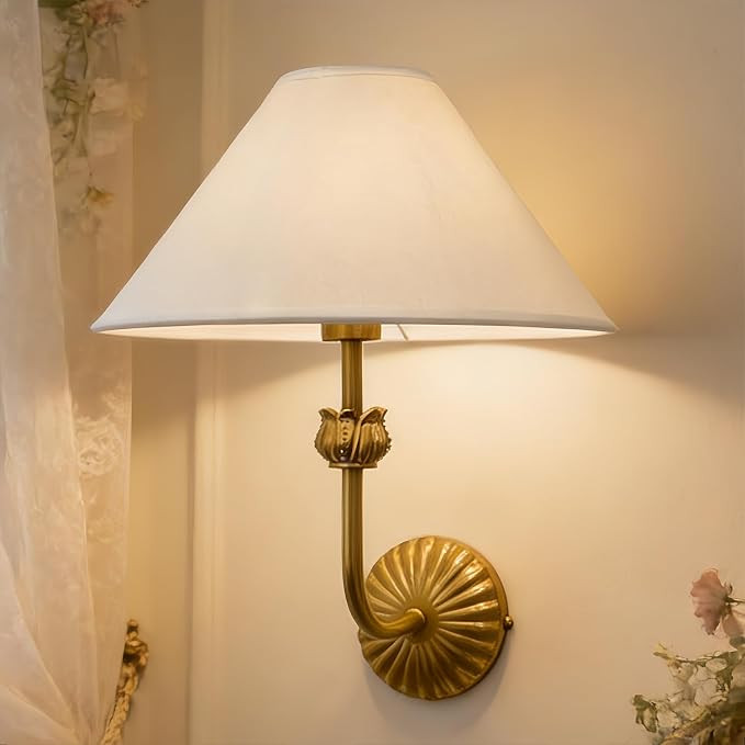 Vintage Ivory Fine Linen Wall Sconce, 11" W X 14.75" H Industrial Aged Brass Sconce with Floral H... | Amazon (US)
