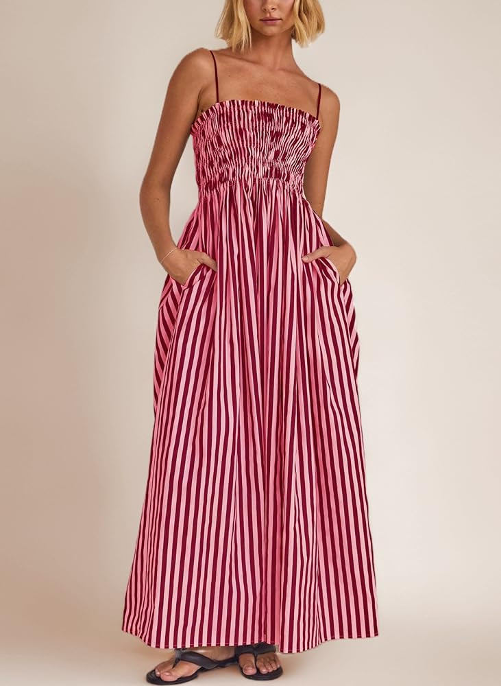 FeMereina Women Striped Maxi Dress Smocked Backless Spaghetti Strap Long Flowy Dress Sleeveless B... | Amazon (UK)