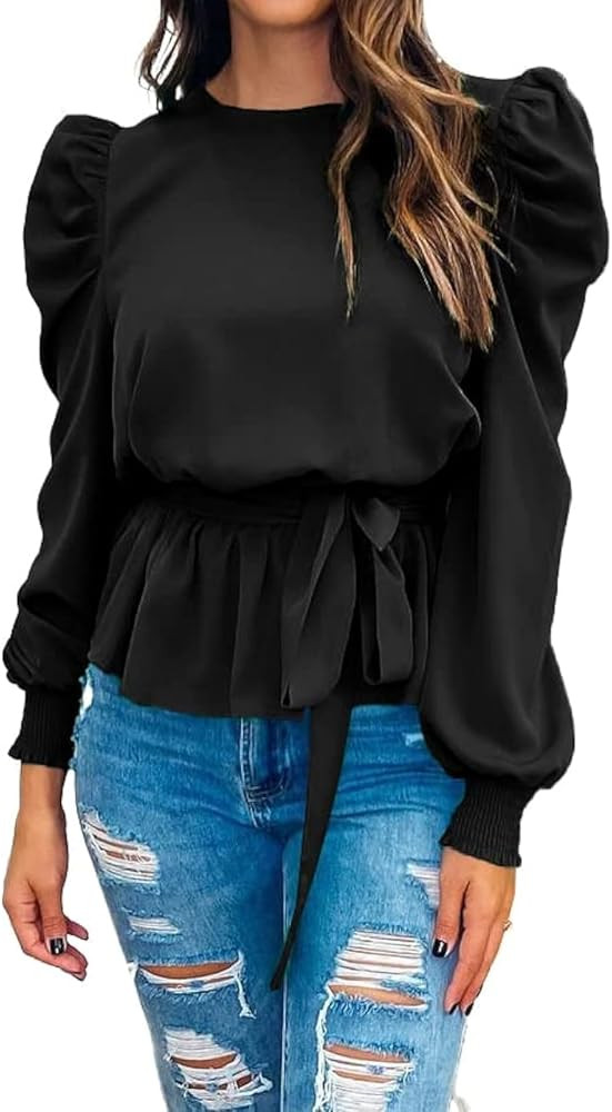 PRETTYGARDEN Women's Fashion Puff Long Sleeve Blouses Satin Tie Waist Peplum Work Blouse Dressy C... | Amazon (US)
