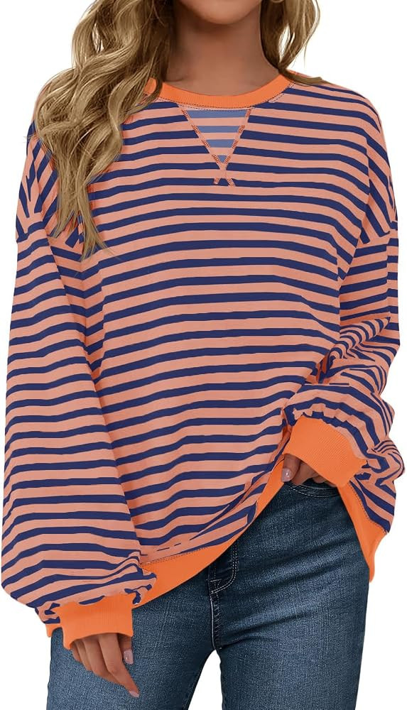 Fisoew Womens Striped Oversized Sweatshirt Color Block Crew Neck Long Sleeve Shirt Casual Loose P... | Amazon (US)