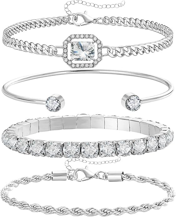 4 Pcs Dainty Gold Silver Bracelets Set for Women 14K Plated Link Cubic Zirconia Paperclip Stake L... | Amazon (US)