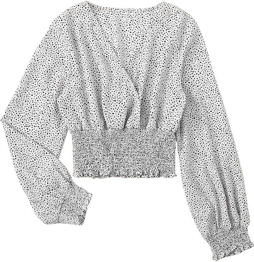 LYANER Women's V Neck Shirred Polka Dots Long Sleeve Frill Crop Blouse Shirt Tops | Amazon (US)