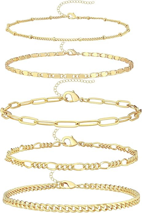Ankle Bracelets for Women, 14k Gold Jewelry Set Waterproof Layered Cuban Figaro Link Chain Anklet... | Amazon (US)