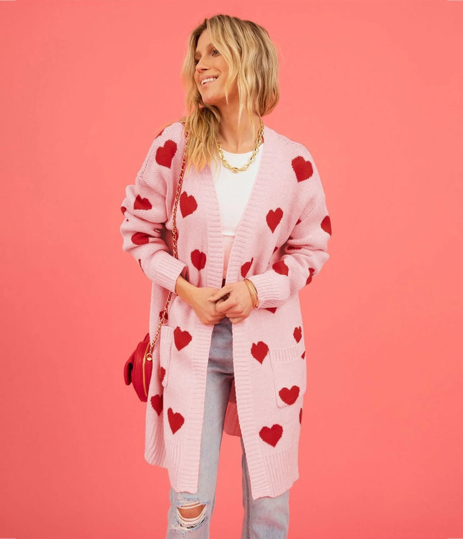 Light Pink & Red Heart Long Cardigan | Unique Vintage - North America