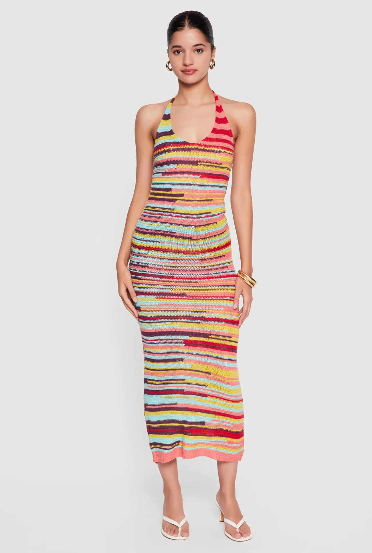 Striped Tie Back Halter Neck Midi Dress | Rainbow Shops