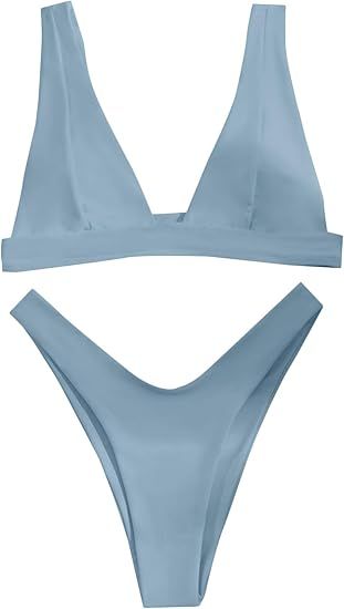 SheIn Women's Solid High Cut Thong Bikini Swimsuit Padded Plunging Bathing Suit | Amazon (US)