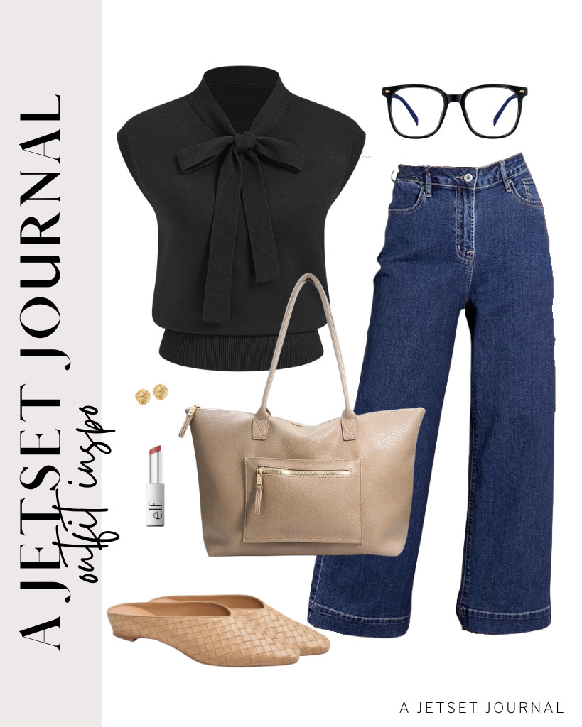 The final outfit is a combination of a black sweater vest from CIDER and DOKOTOO wide-leg jeans. If you are wearing this as a work outfit, these woven mules and HOXIS tote bag are the perfect choices. Finish this look with e.l.f. Glow Reviver Lip Oil Stick.

#LTKSeasonal #LTKSaleAlert #LTKTravel
 

 