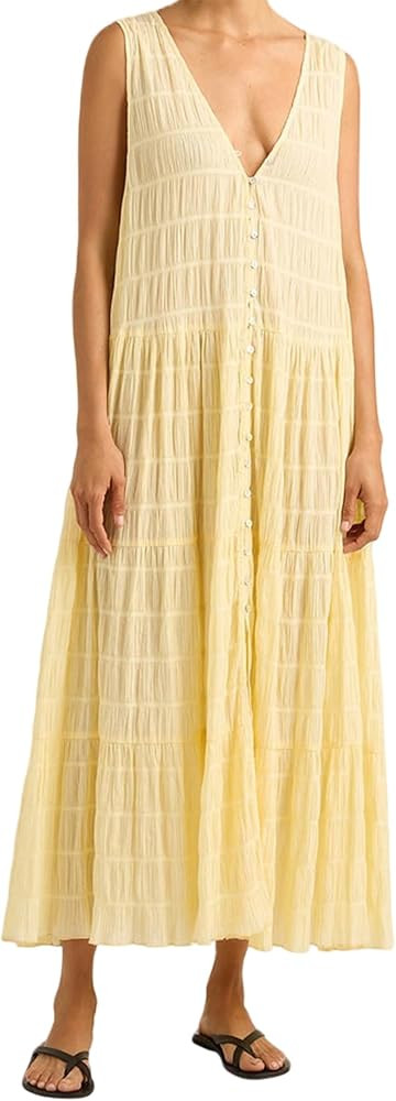 Women Sleeveless Tank Long Dress Sleeveless V Neck Button Down Tiered Ruched Maxi Dress Solid Col... | Amazon (US)
