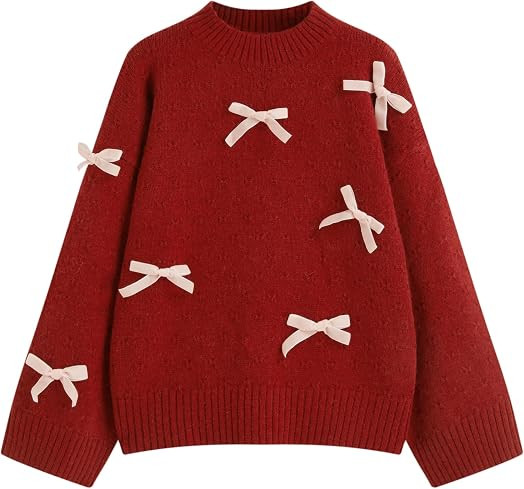 CIDER Bow Applique Sweater Mock Neck Knit Pullover Top | Amazon (US)