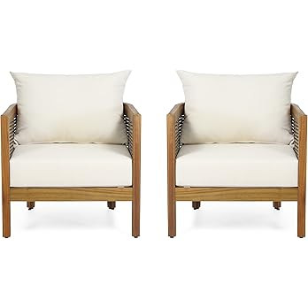 Christopher Knight Home Burchett Outdoor Acacia Wood Club Chairs with Cushions, Beige, Brown | Amazon (US)