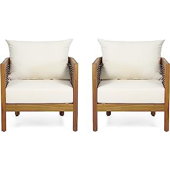 Christopher Knight Home Burchett Outdoor Acacia Wood Club Chairs with Cushions, Beige, Brown | Amazon (US)