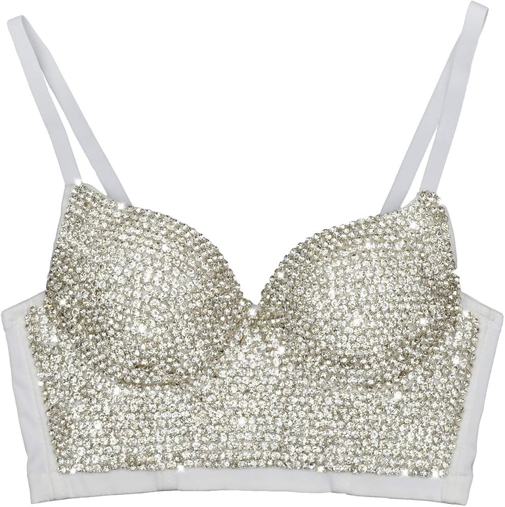 ELLACCI Women's Handmade Rhinestone Diamond Push up Bustier Crop Top Sexy Punk Corset Bra White | Amazon (US)