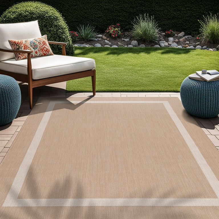 Beverly Rug Indoor/Outdoor Area Rugs, Bordered Patio Porch Garden Carpet, Beige and White, 8'x10' | Walmart (US)