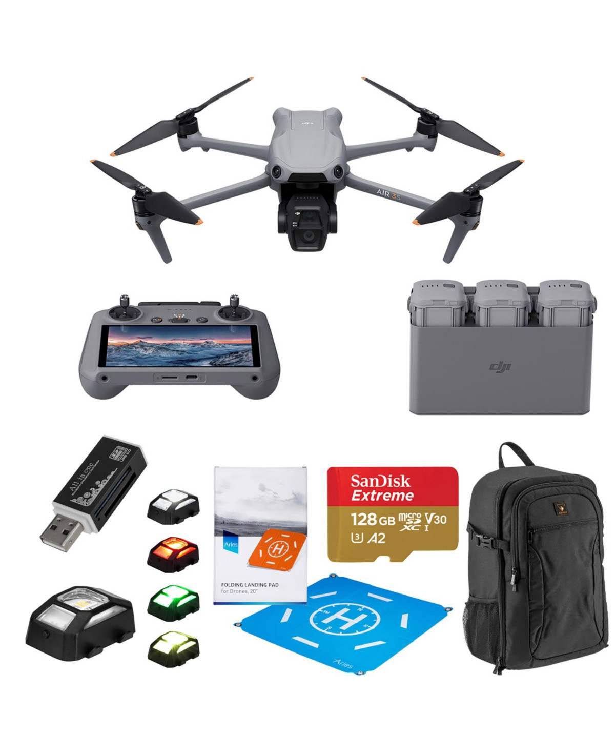 Dji Air 3S Drone Fly More Combo with Rc 2 Remote Controller, Bundle with 128GB Memory Card, Strobe Light, Multi Card Reader, Landing Pad Pro. - Gray | Macy's