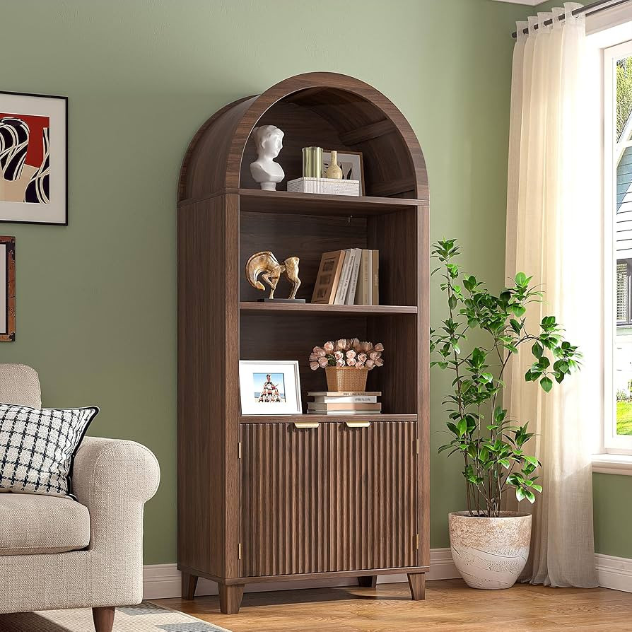 Bookshelf Arched Cabinet,5-Tier Arched Bookcase with Fluted Doors and Adjustable Shelves,Wooden S... | Amazon (US)