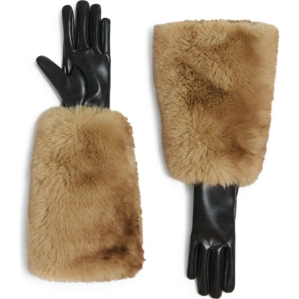 Apparis Robi Faux Fur Trim Faux Leather Gloves in Noir /Blonde Mink at Nordstrom, Size Small | Nordstrom