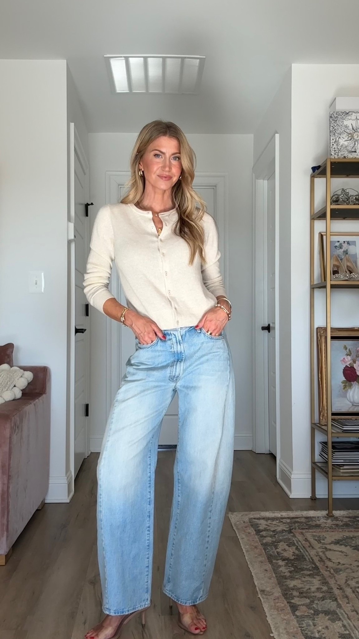 Cardigan + barrel jeans. 
Cardigan: runs TTS, wearing size small. 
Denim: run TTS. 

#LTKdayinmylife #LTKgrwm #LTKootd